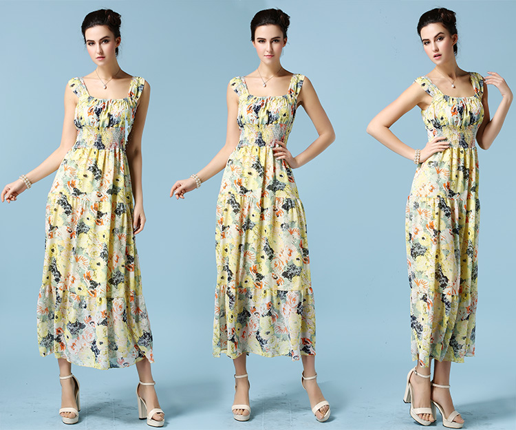 ElegantWomenCasualMaxiDressFloralPrintingSleeveYellowChiffonDress-ZME012305YL