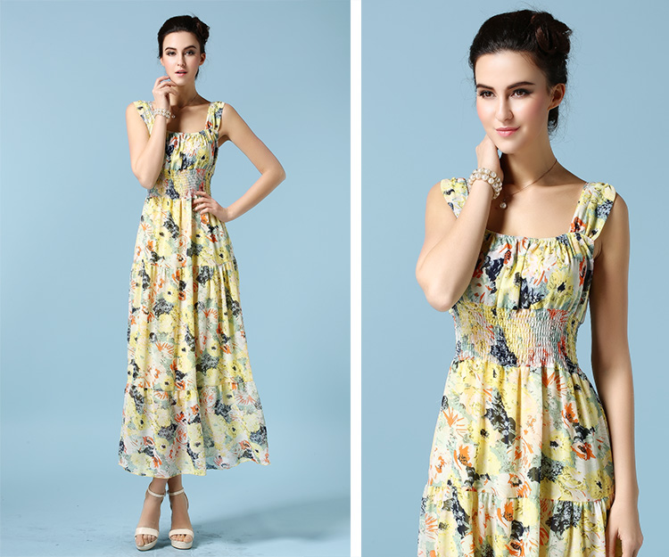 ElegantWomenCasualMaxiDressFloralPrintingSleeveYellowChiffonDress-ZME012305YL