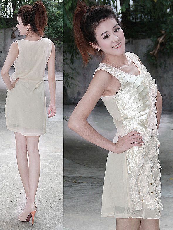 ElegantWomenStereoFlowerStuddedPureColorSlimPartyDress-ZL080911