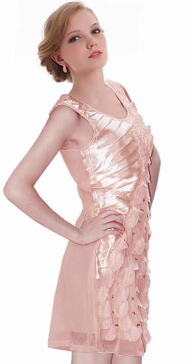 ElegantWomenStereoFlowerStuddedPureColorSlimPartyDress-ZL080911