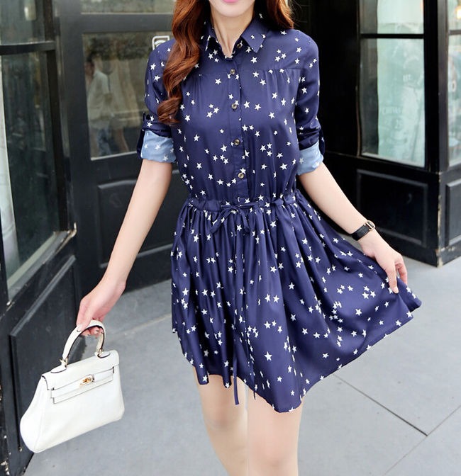 EndearingDesignLongSleeveDarkBlueStarPrintingSlimmingDress-XHE081717DB