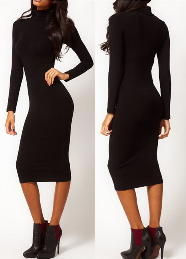 EuroAmericanElegantLadyWomenHighNeckSolidMid-calfDress-XFE103036BA