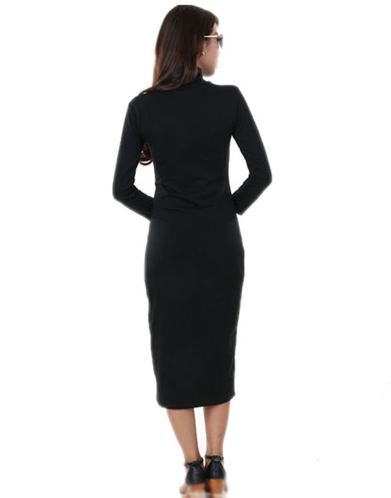 EuroAmericanElegantLadyWomenHighNeckSolidMid-calfDress-XFE103036BA