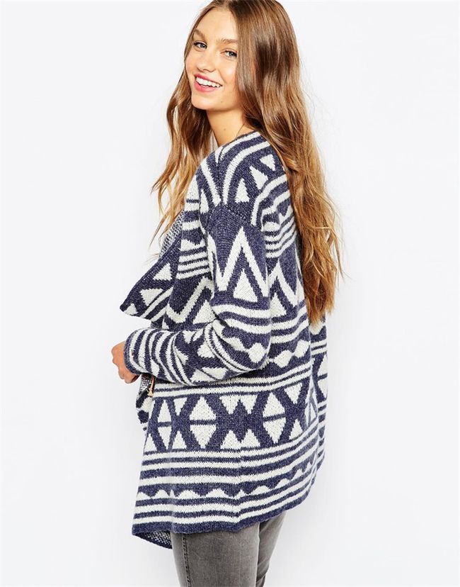 EuroAmericanFashionBlueLongSleeveGeometricPatternLooseCardigan-XHE081022BU