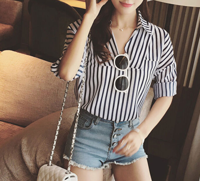 EuroAmericanFashionStripedPrintSlimmingFree-shippingBlouse-XHE081713