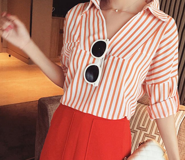 EuroAmericanFashionStripedPrintSlimmingFree-shippingBlouse-XHE081713