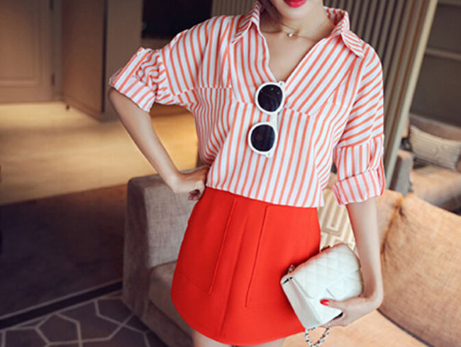 EuroAmericanFashionStripedPrintSlimmingFree-shippingBlouse-XHE081713