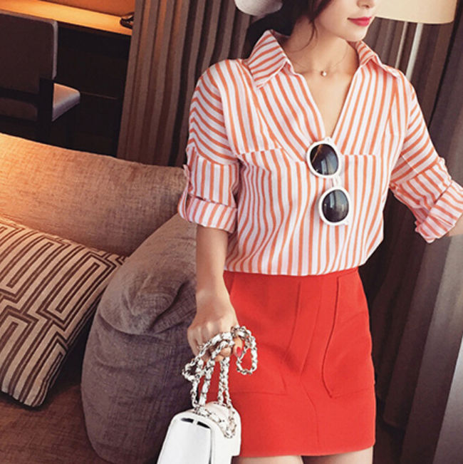 EuroAmericanFashionStripedPrintSlimmingFree-shippingBlouse-XHE081713