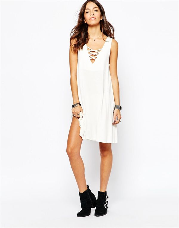 EuroAmericanSimpleDesignWhiteBandageVNeckSleevelessDress-XME090810WI