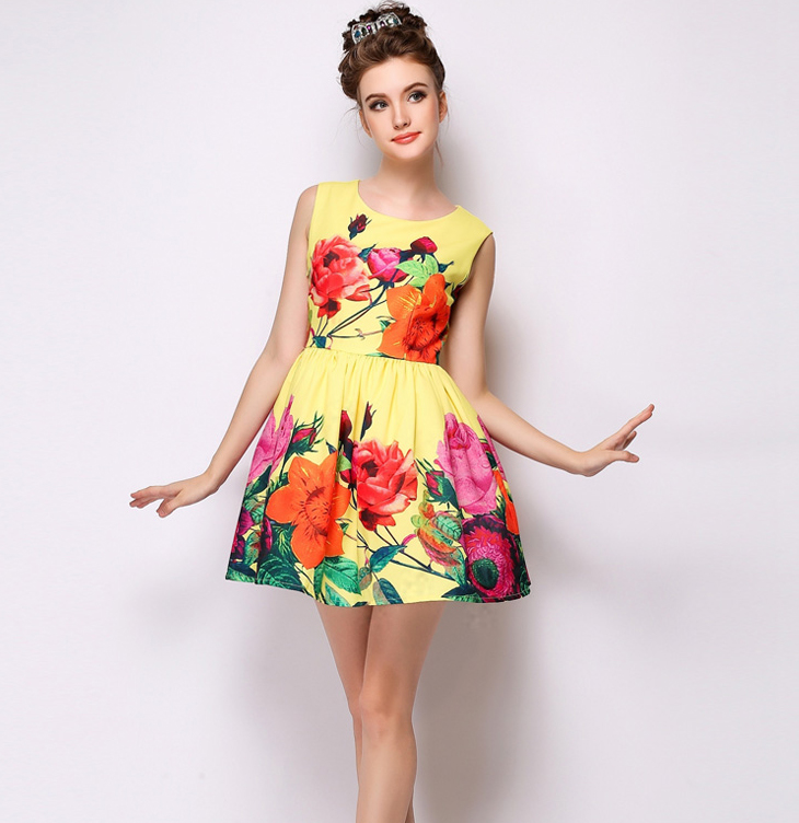 EuroAmericanStyleTrendyBrandYellowFloralPrintedZipUpRuffleDress-XHE041621YL