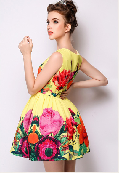 EuroAmericanStyleTrendyBrandYellowFloralPrintedZipUpRuffleDress-XHE041621YL