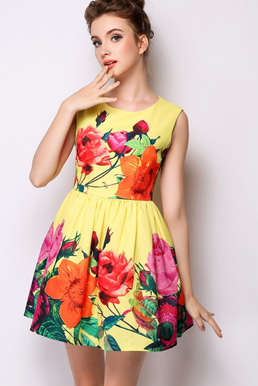 EuroAmericanStyleTrendyBrandYellowFloralPrintedZipUpRuffleDress-XHE041621YL