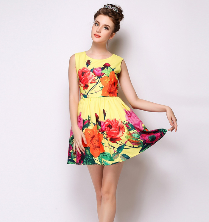 EuroAmericanStyleTrendyBrandYellowFloralPrintedZipUpRuffleDress-XHE041621YL