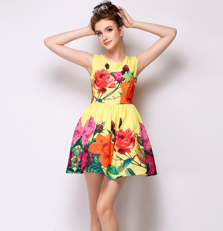EuroAmericanStyleTrendyBrandYellowFloralPrintedZipUpRuffleDress-XHE041621YL