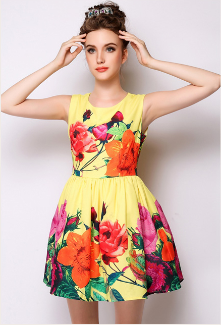 EuroAmericanStyleTrendyBrandYellowFloralPrintedZipUpRuffleDress-XHE041621YL