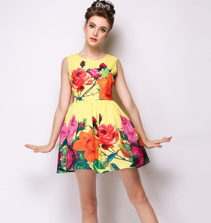 EuroAmericanStyleTrendyBrandYellowFloralPrintedZipUpRuffleDress-XHE041621YL