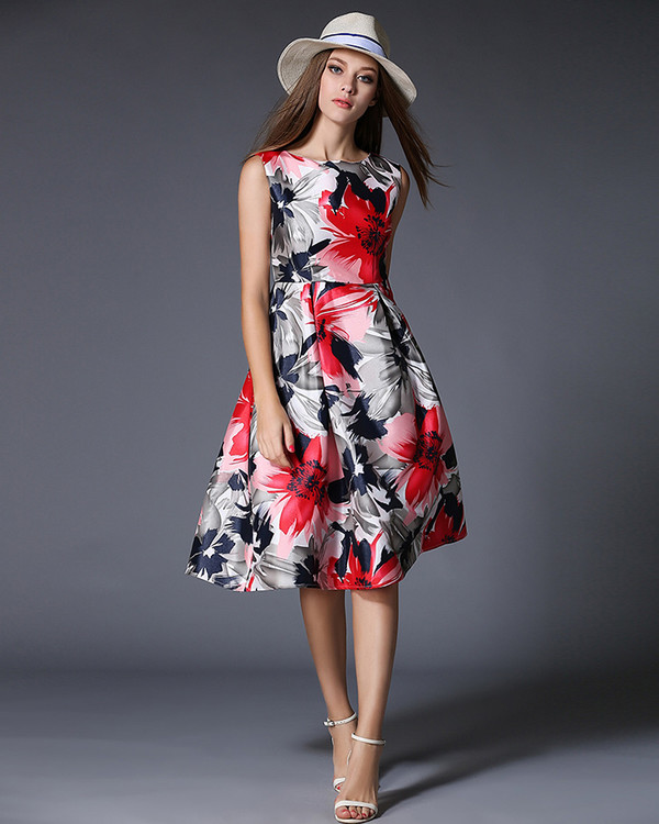 EuroFashionPrintingFloralSlimRuffleBoutiqueDress-TFK052508