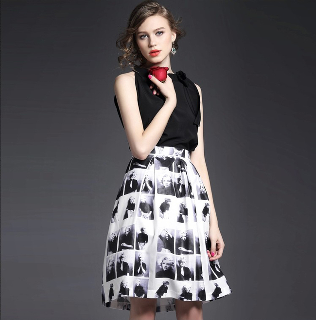 EuroStyleBandageSleevelessTopMarilynMonroePatternMidiSkirt-DFE060822BA