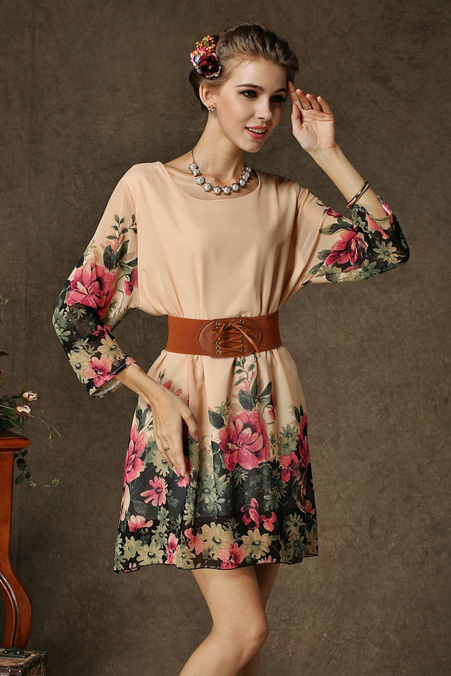 EuroWholesaleHotSellingLooseDressCozyChiffonRoundCollarFlowerPrintingLongSleeveWomenCasualDress-YMT071827PN