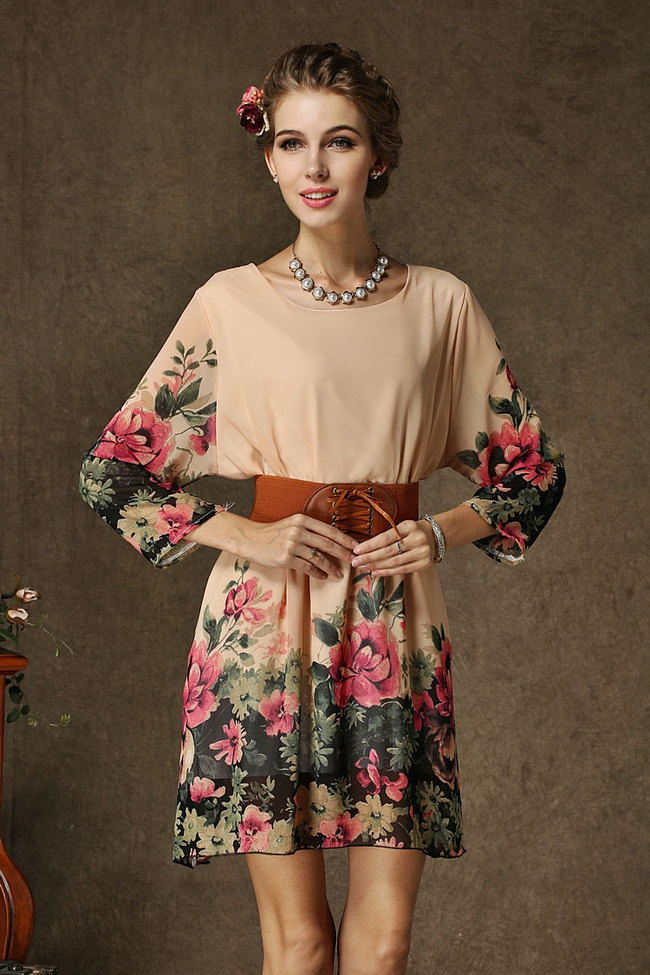 EuroWholesaleHotSellingLooseDressCozyChiffonRoundCollarFlowerPrintingLongSleeveWomenCasualDress-YMT071827PN