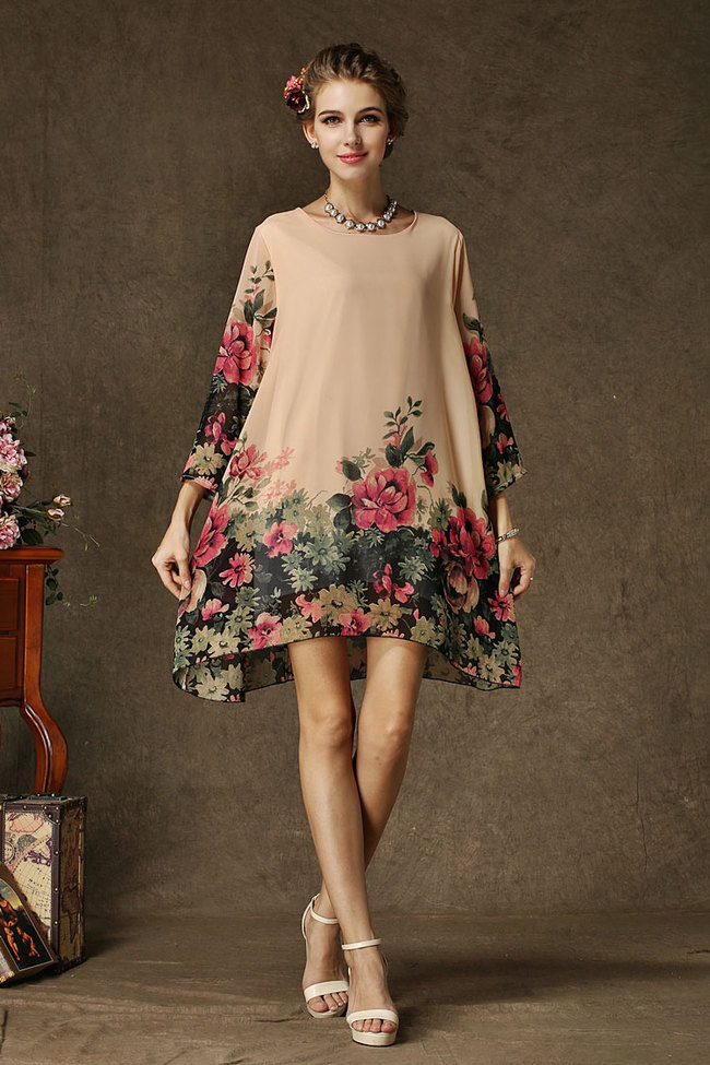 EuroWholesaleHotSellingLooseDressCozyChiffonRoundCollarFlowerPrintingLongSleeveWomenCasualDress-YMT071827PN