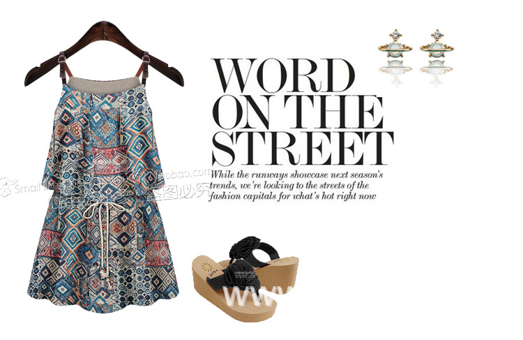 EuropeanAndAmericanStyleDressFloralPatternStrapsBandageSleevelessDressBeachBlueS-XLDress-ZMT072302BU