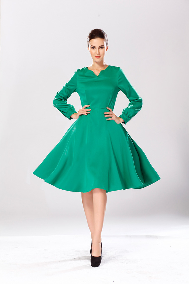 EuropeanAutumnHotSaleDressCozySimplicityPureColorV-NeckLongSleeveWomenDailyWearLongDressS-XL-YMT082640GE