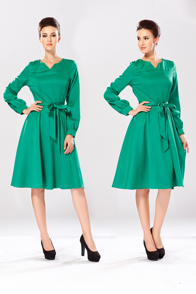 EuropeanAutumnHotSaleDressCozySimplicityPureColorV-NeckLongSleeveWomenDailyWearLongDressS-XL-YMT082640GE