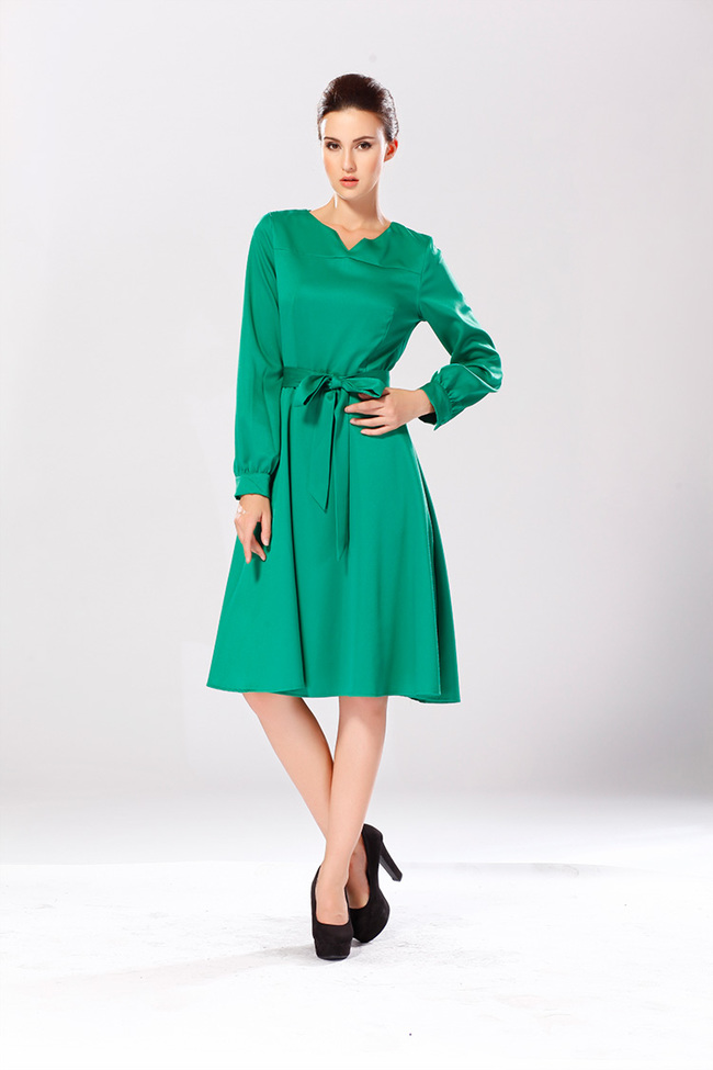 EuropeanAutumnHotSaleDressCozySimplicityPureColorV-NeckLongSleeveWomenDailyWearLongDressS-XL-YMT082640GE