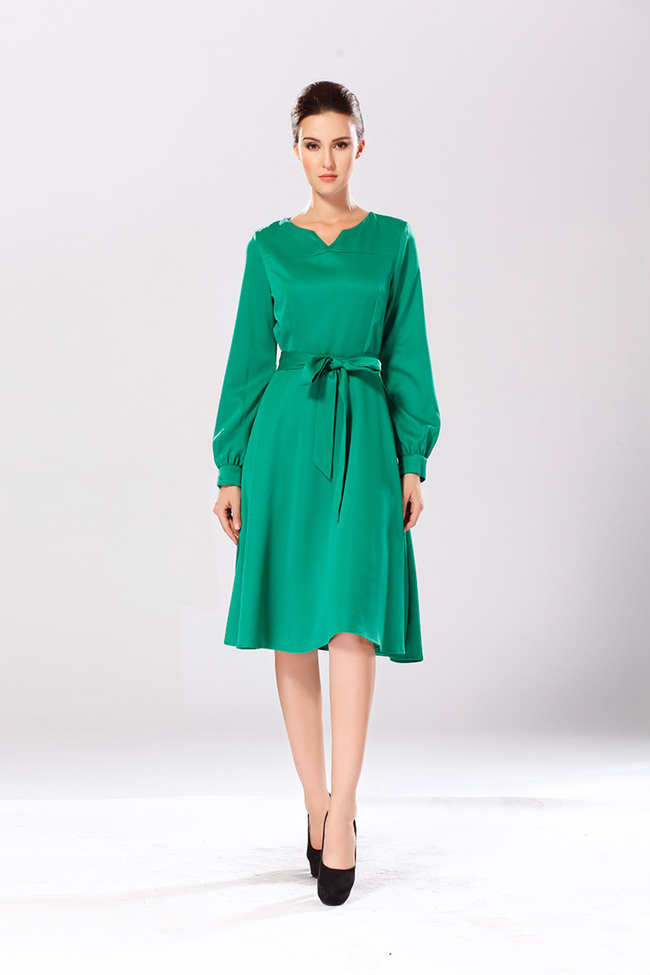 EuropeanAutumnHotSaleDressCozySimplicityPureColorV-NeckLongSleeveWomenDailyWearLongDressS-XL-YMT082640GE