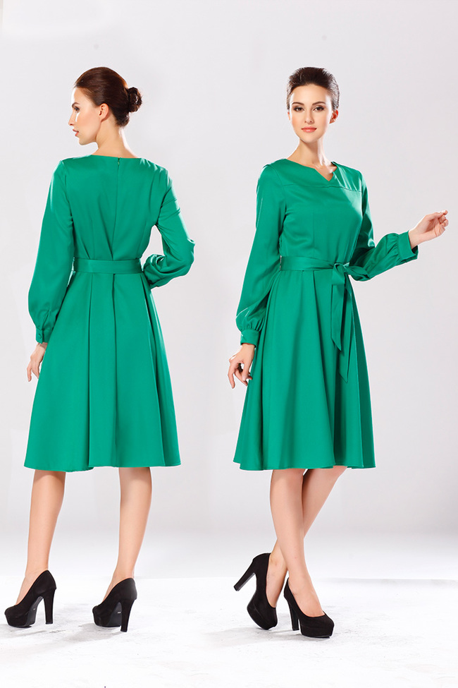 EuropeanAutumnHotSaleDressCozySimplicityPureColorV-NeckLongSleeveWomenDailyWearLongDressS-XL-YMT082640GE