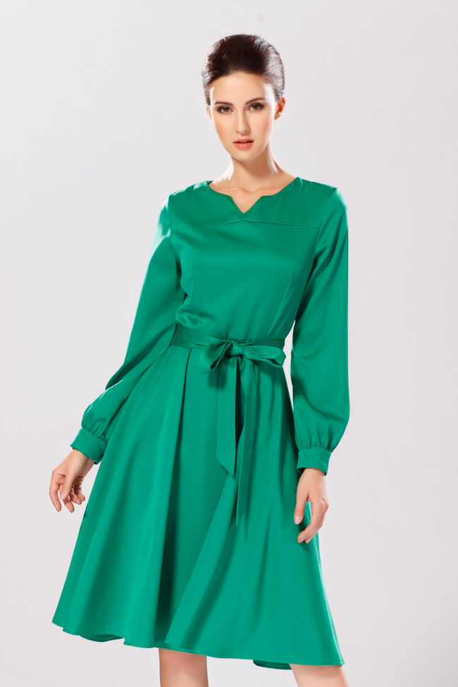EuropeanAutumnHotSaleDressCozySimplicityPureColorV-NeckLongSleeveWomenDailyWearLongDressS-XL-YMT082640GE