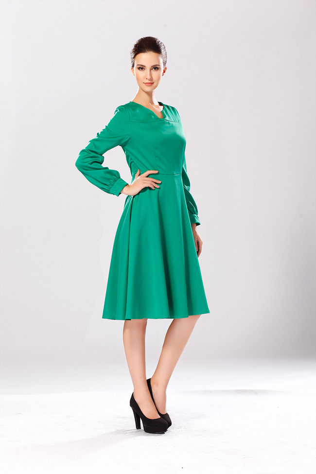 EuropeanAutumnHotSaleDressCozySimplicityPureColorV-NeckLongSleeveWomenDailyWearLongDressS-XL-YMT082640GE