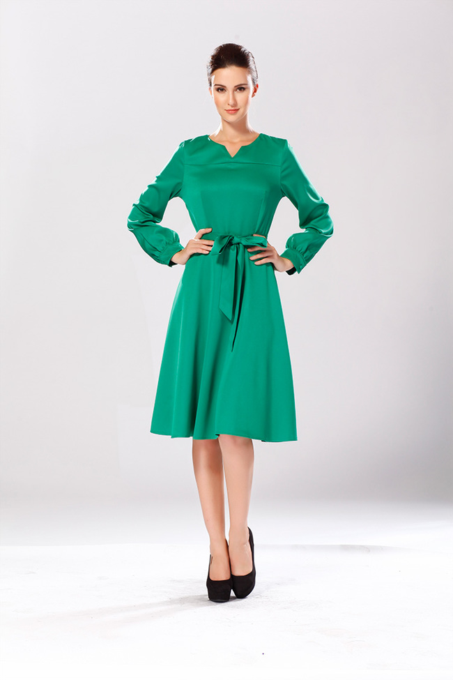 EuropeanAutumnHotSaleDressCozySimplicityPureColorV-NeckLongSleeveWomenDailyWearLongDressS-XL-YMT082640GE