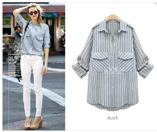 EuropeanFashionCasualWomenStripedLooseLongSleeveBlueBlouse-ZME041326BU