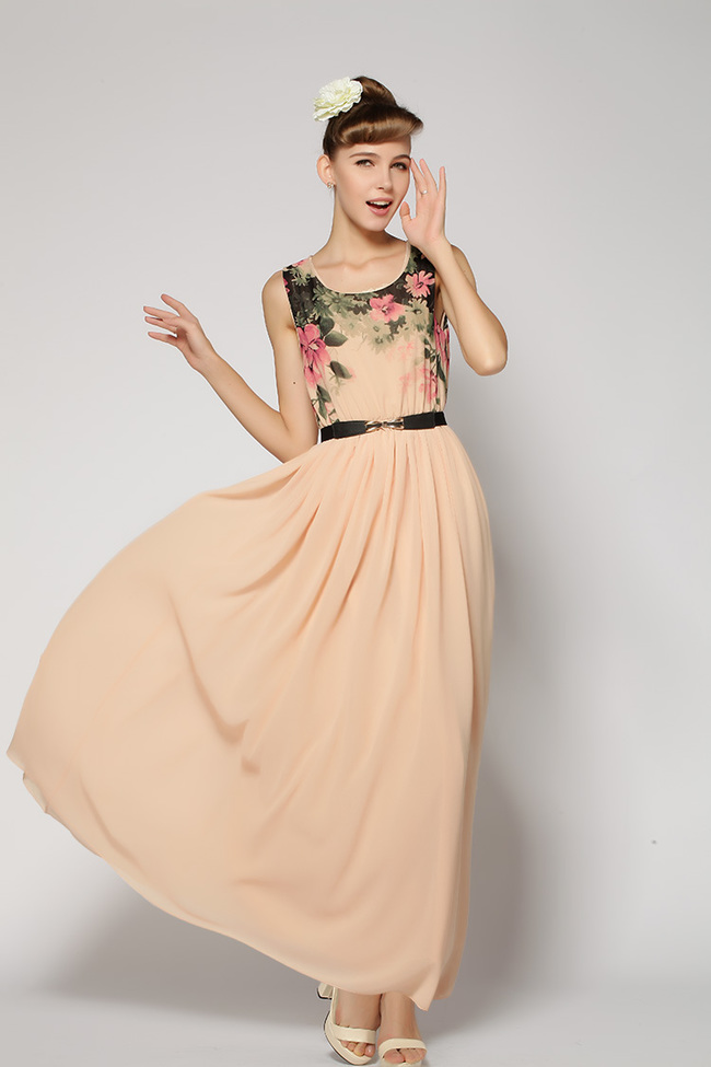 EuropeanKoreanHotBeachLookingStyleSleevelessGownsFlowerChiffonDress-HMT042915