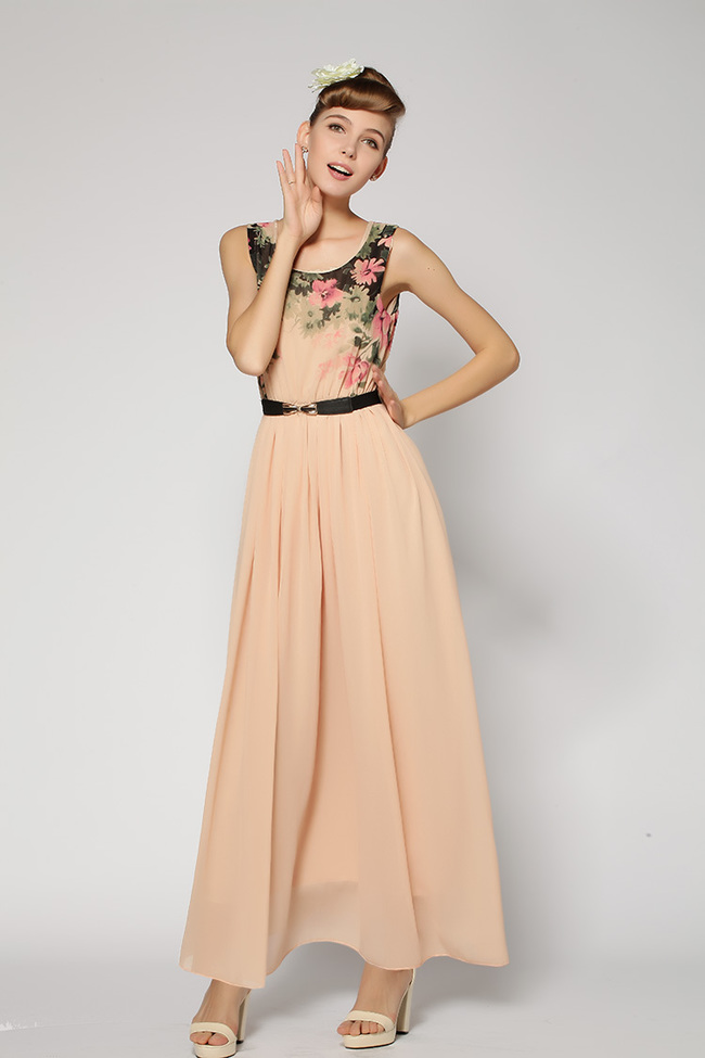 EuropeanKoreanHotBeachLookingStyleSleevelessGownsFlowerChiffonDress-HMT042915