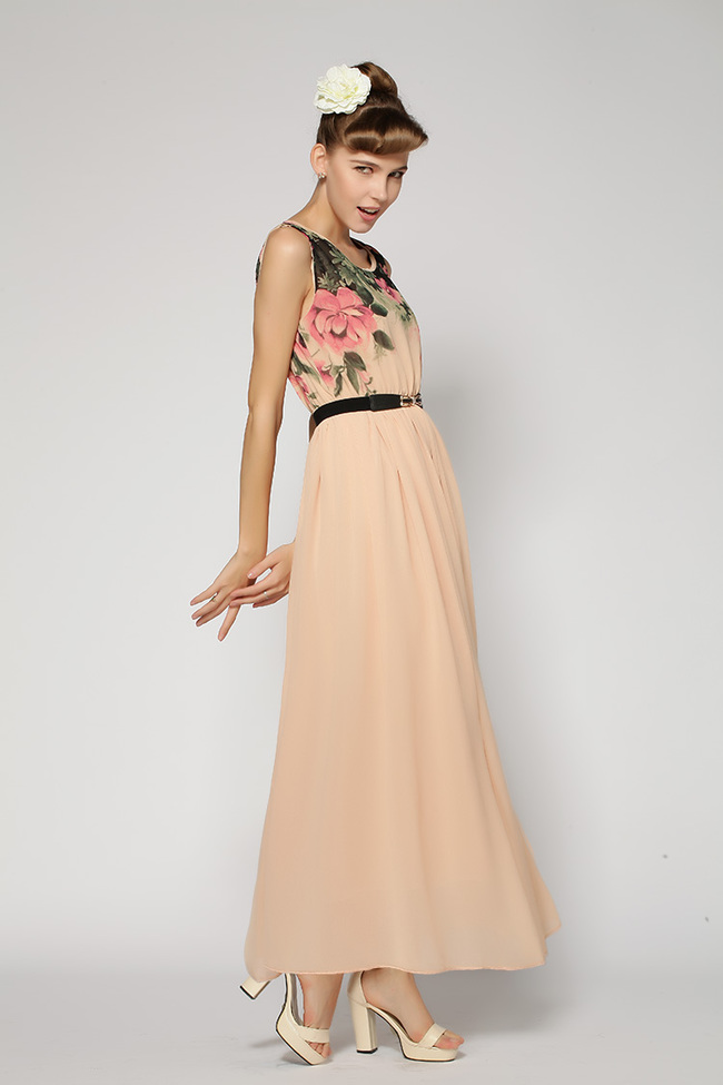 EuropeanKoreanHotBeachLookingStyleSleevelessGownsFlowerChiffonDress-HMT042915