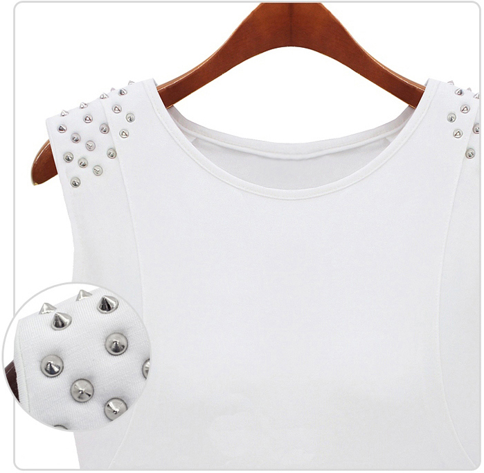 EuropeanPunkFashionRivetDesignSleevelessRufflesEasyMatchRoundNeckT-Shirt-HMT040913