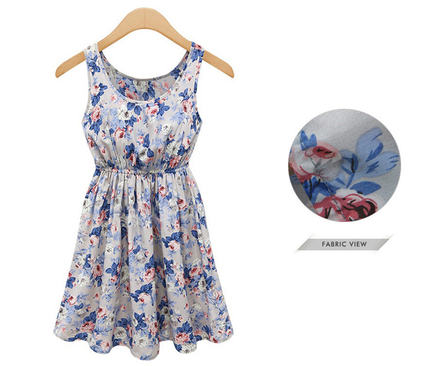 EuropeanStreetStyleSleevelessRoundCollarRufflesSlimWaistFloralPrintingDress-MT060419