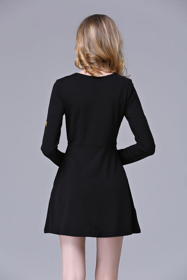 EuropeanStyleElegantBlackLongSleeveEmbroideryZipDress-XFE121011BA