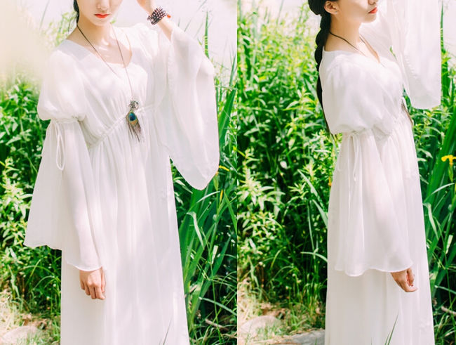 FairyStyleLoose-fittingWhiteFlareSleeveMaxiDress-XHE081323WI