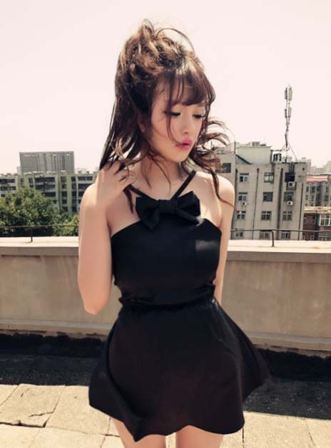 FantasticallySeductiveDressStrapsBowBacklessBandageDressNightClubBlackCottonDress-ZHT082102BA