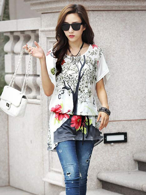 FashionAndCheapKoreanStyle2015HighQualityPrintedLooseWomenTopWithBelt-XHE052933WI