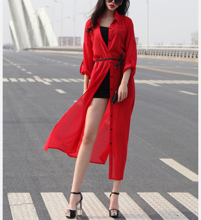 FashionCasualWomenLongSleeveRedChiffonCoat-ZME083130RD