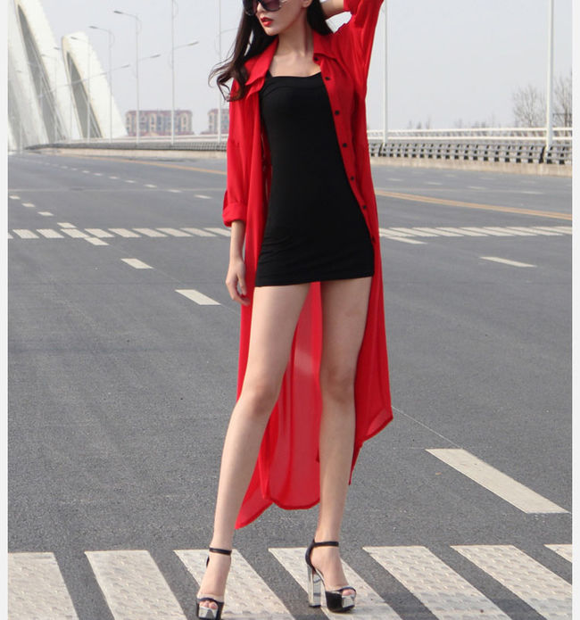 FashionCasualWomenLongSleeveRedChiffonCoat-ZME083130RD