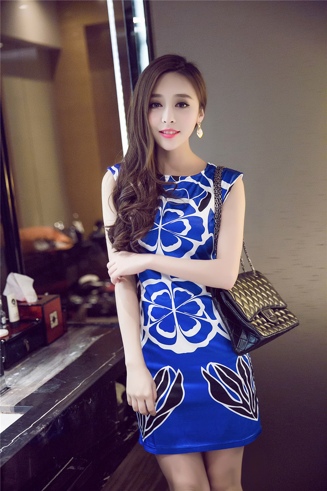 FashionElegantBlueFloralPrintedFittedWomenDresses-XHE070607BU