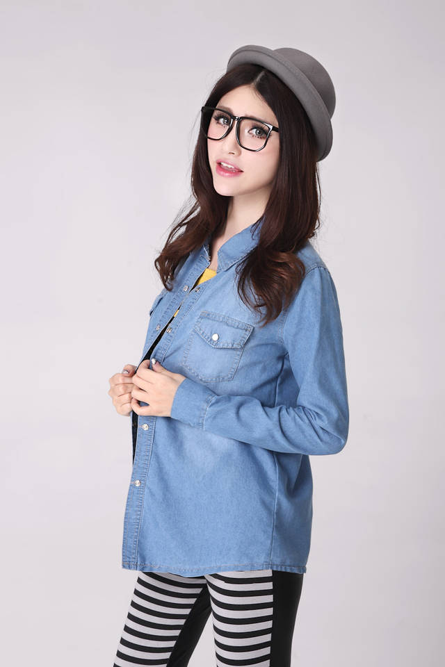 FashionGirlsSingle-BreastedLongSleeveDenimBlouse-XR072006DB