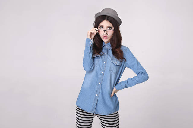 FashionGirlsSingle-BreastedLongSleeveDenimBlouse-XR072006DB