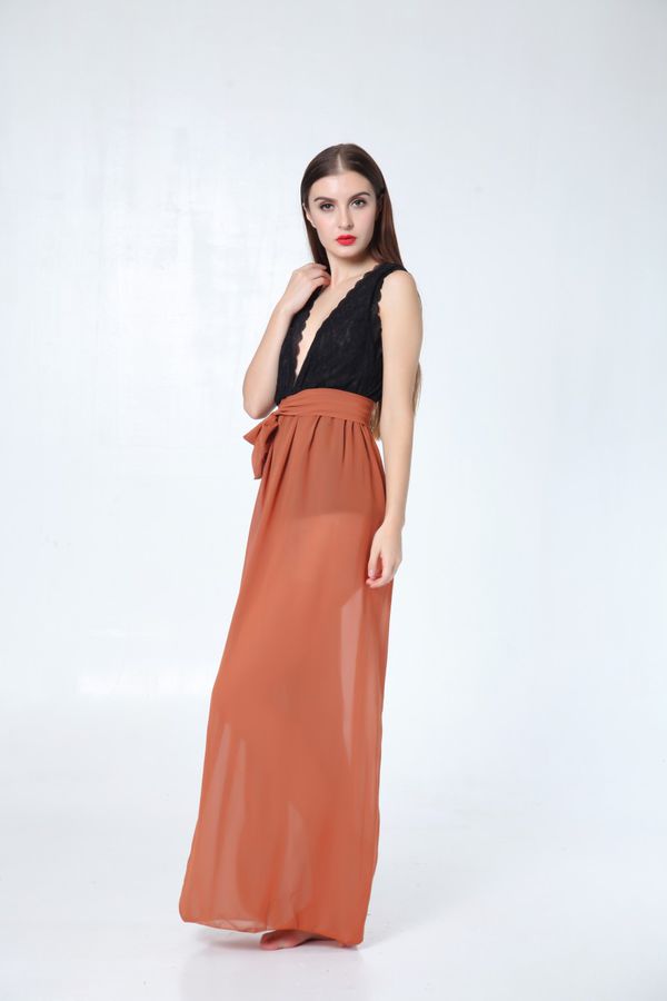 FashionHotSalesVNeckLaceSplitBacklessAnkle-lengthChiffonDress-XFE092139